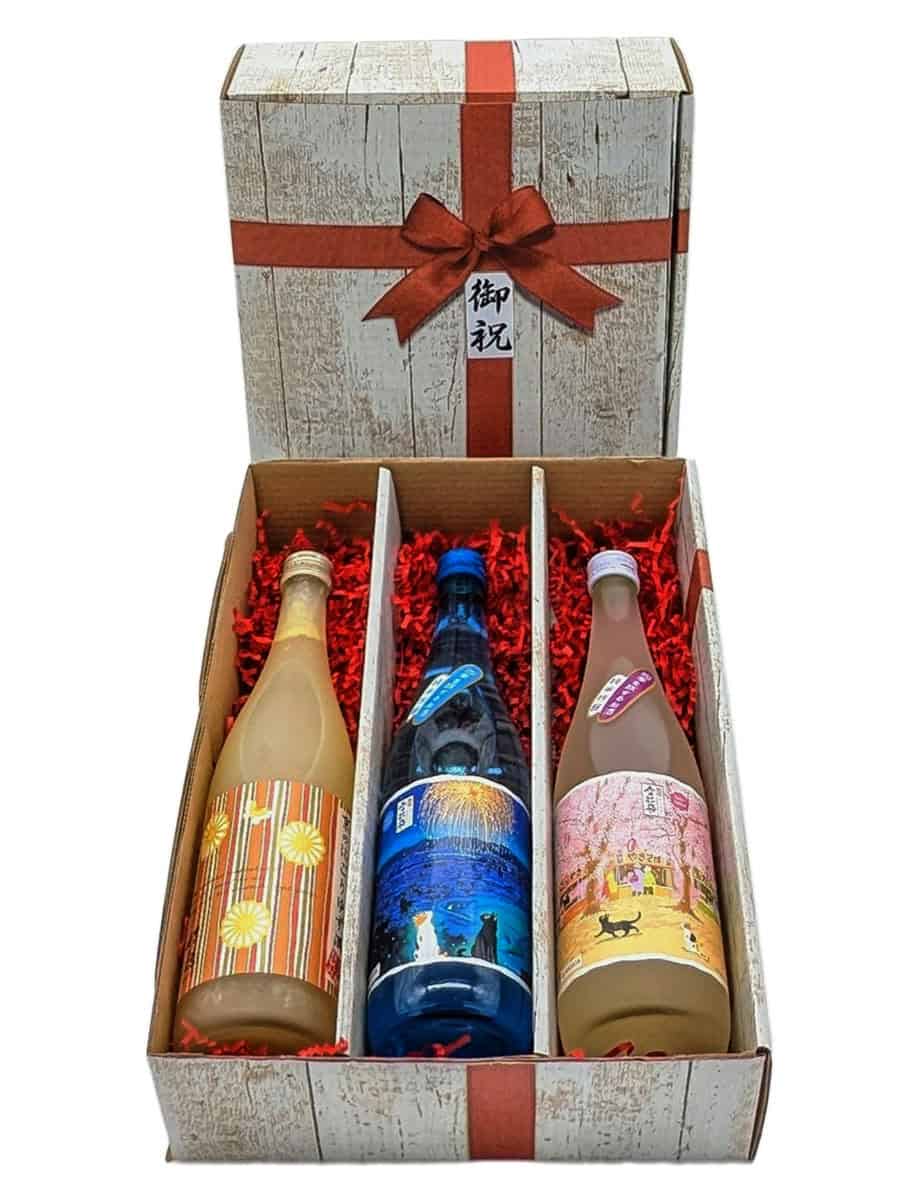Bunte Sektflaschen in Geschenkbox mit Renviest-Verpackung, ideal als Geschenk für Jubiläen oder besondere Anlässe, Präsentationsarrangement für festliche Feierlichkeiten.
