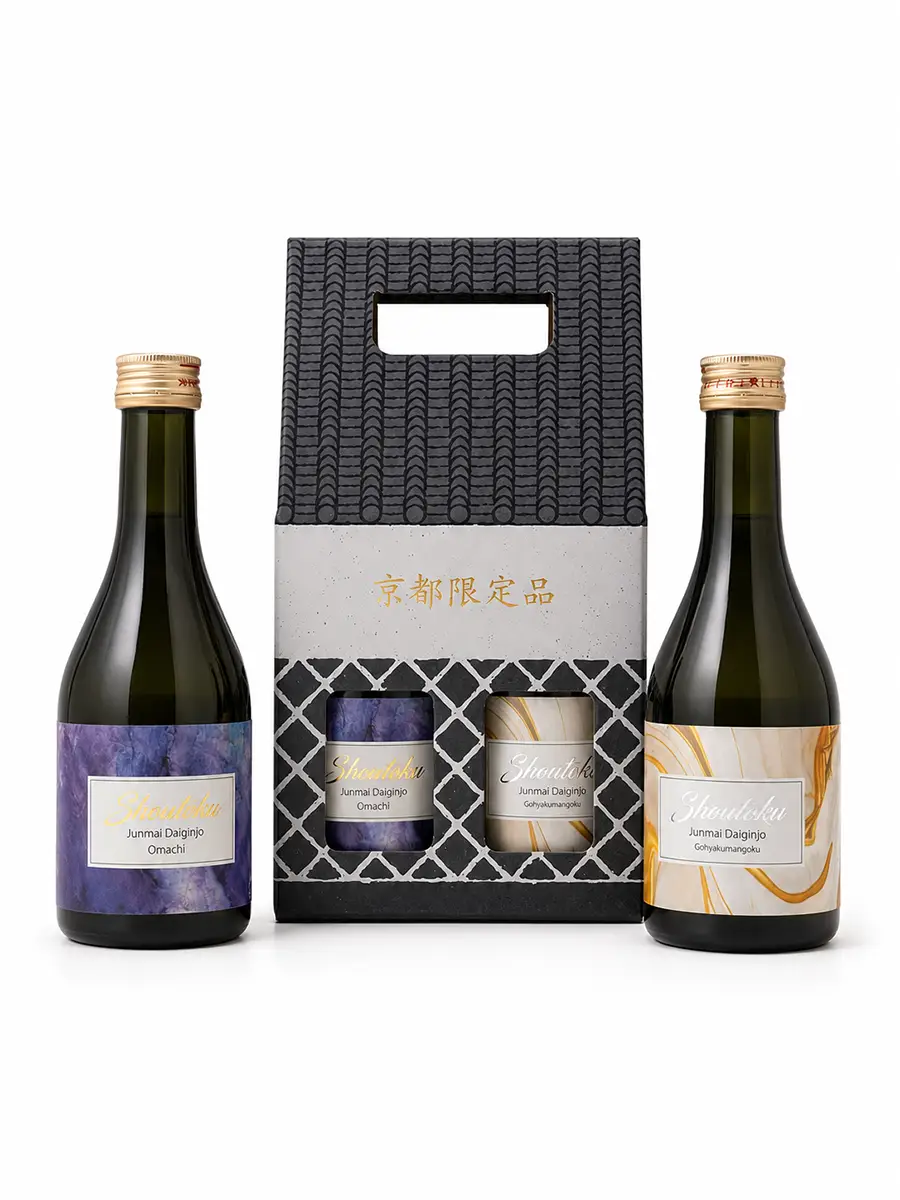 Shoutoku „Premium Sake-Set“ Set – 2×300 ml Flaschen links u rechts mit Karton